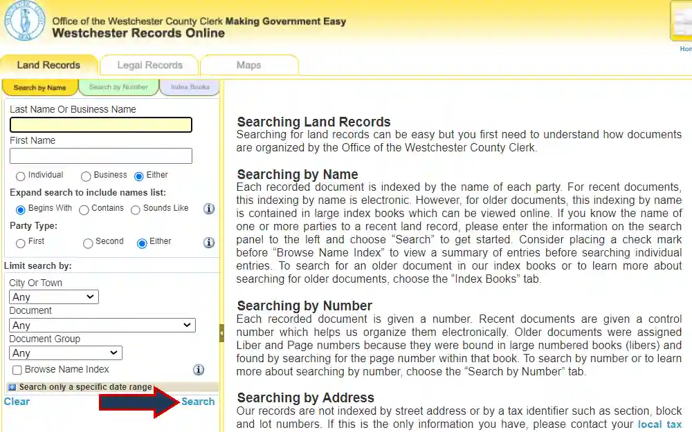 A screenshot of the Westchester Records Online search tool on the Office of the Westchester County Clerk website displays the necessary information for conducting a land records search.
