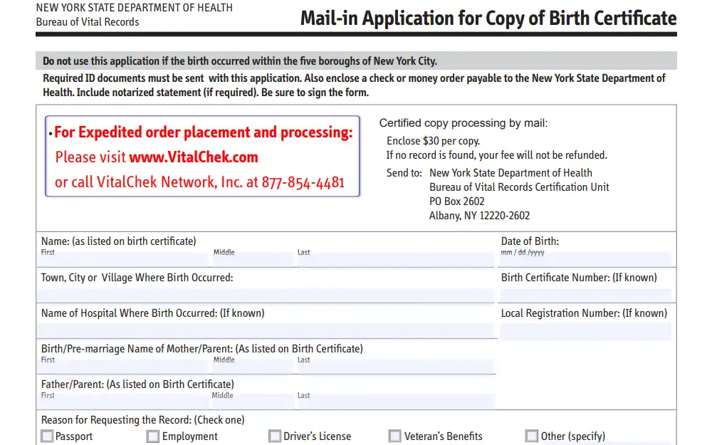 An image of the Mail-in Application for a Copy of Birth Certificate provided by the New York State Department of Health website shows the mailing address and payment information for the request, including the list of details the applicant must provide.