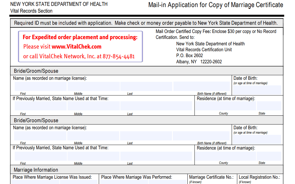 An image displays the Mail-in Application for a Copy of Marriage Certificate provided by the New York State Department of Health website, which presents a comprehensive list of details that the applicant needs to furnish, along with the mailing address and payment information for the request.
