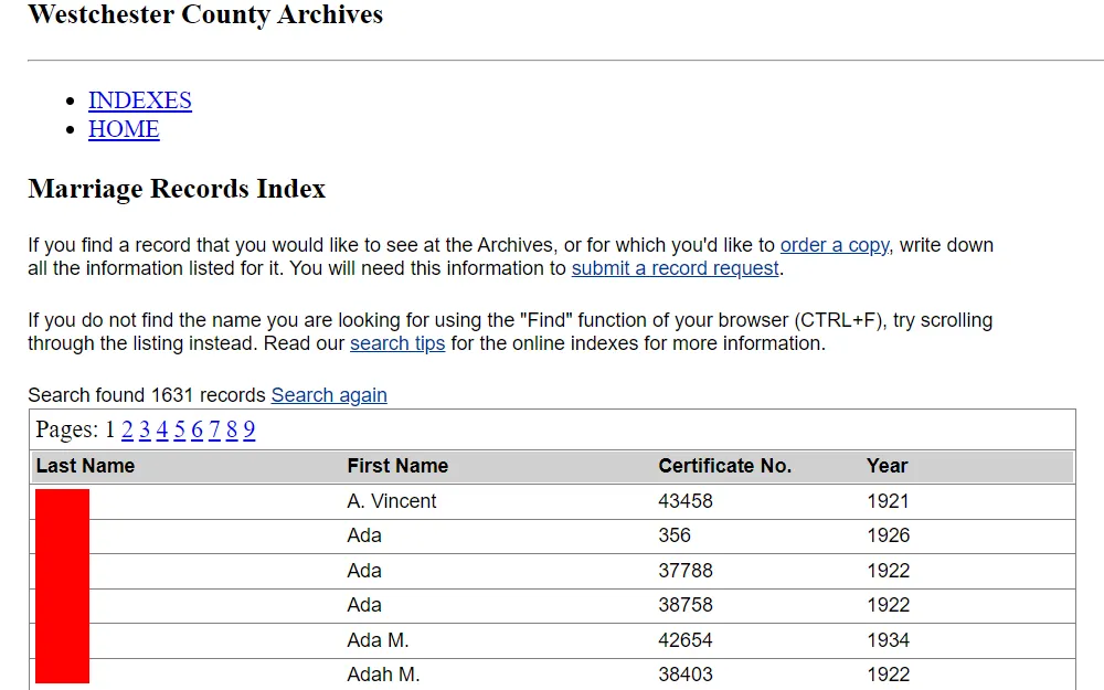 A screenshot from the Westchester County Archives website shows the marriage records search results, including information such as the subject's full name, certificate number, and year.