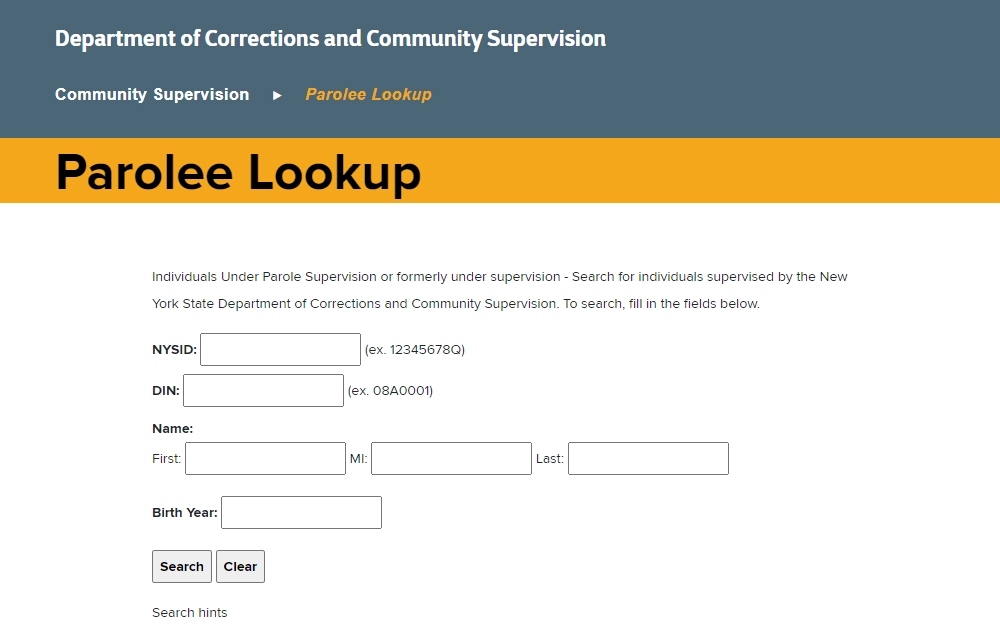 A screenshot of the Parolee Lookup from the Department of Corrections and Community Supervision website with the required information such as NYSID, DIN, name, and birth year to search.
