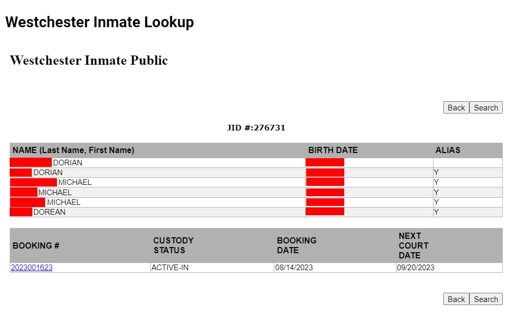 A screenshot of the Westchester Inmate Lookup tool displays search results, including inmate name, birth date, alias, booking number, custody status, booking date, and next court date, along with search and back buttons.