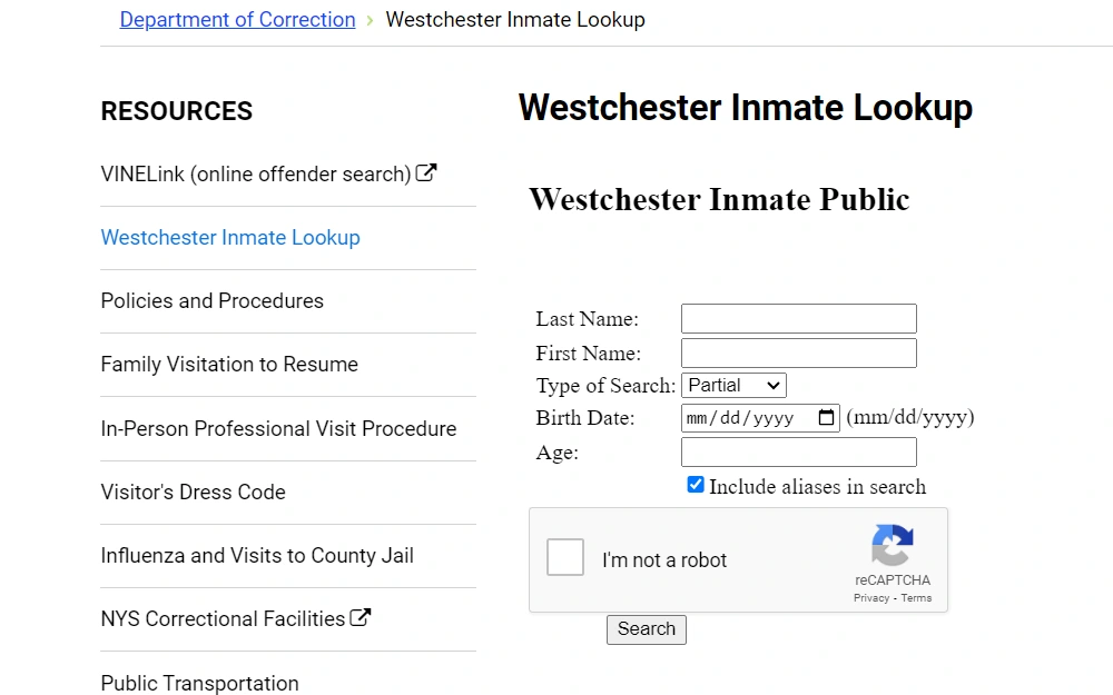 A screenshot of the Westchester Inmate Lookup from the Department of Correction page requires users to input necessary information for more precise results.