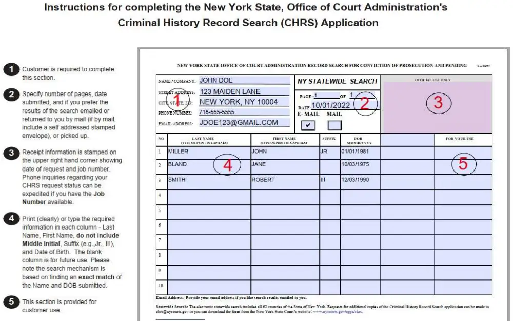 Screenshot of the instructions provided for filling the application form for the New York State, Office of Court Administration's Criminal History Record Search (CHRS) displaying a sample filled form with number legends that corresponds with the numbered guide located at the left side of the photo.
