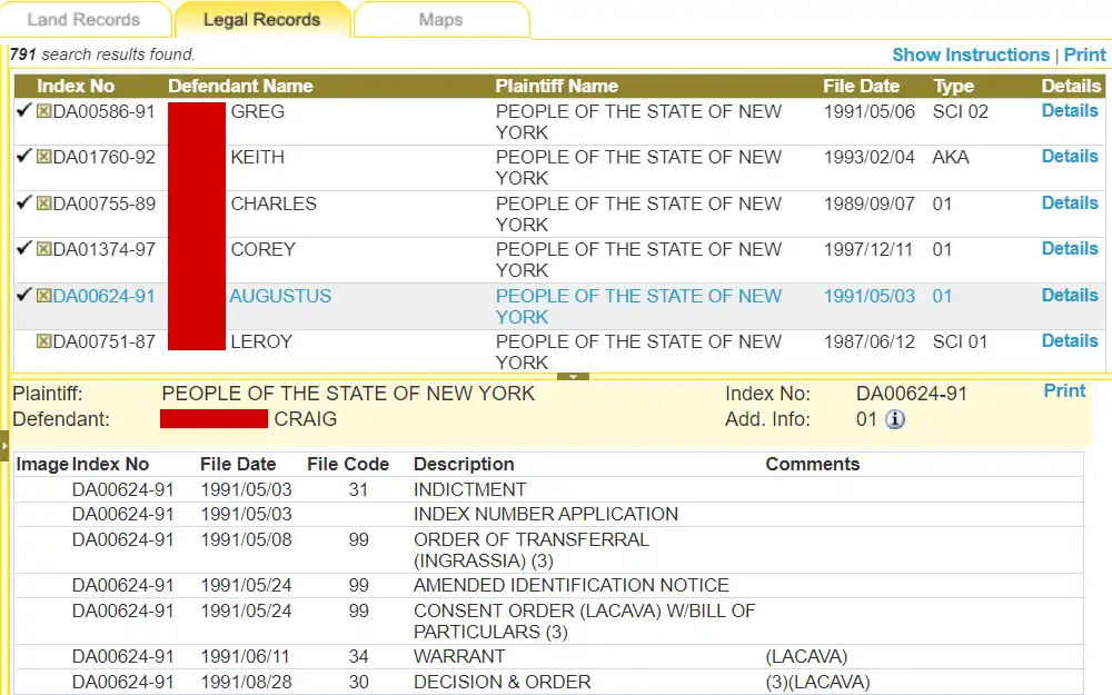 Screenshot from the online legal records database kept by Westchester County Clerk's Office, displaying a portion of the results in list form and the case details of one of the defendants including the index number, filed date, file code, description, and comments.