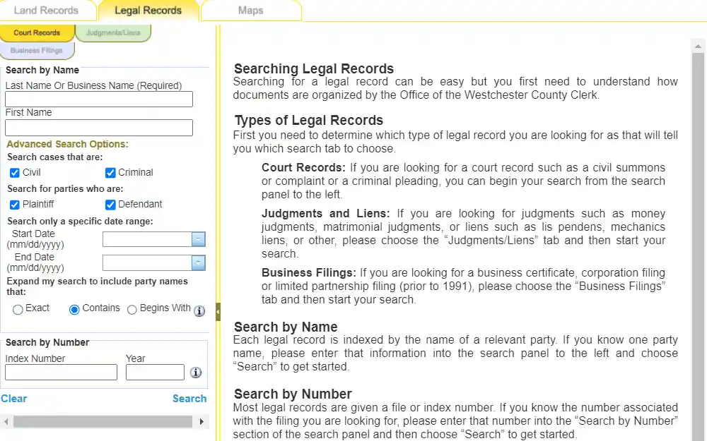 Screenshot of the search tool for legal records maintained by the county clerk's office of Westchester composed of two sections: the actual search fields situated at the left side including name, number, date range, case type, and party type; and the description of legal records and instructions for searches at the right side.