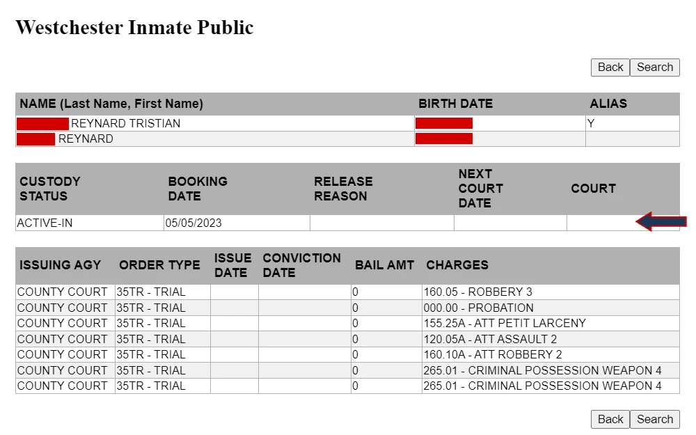 Screenshot from the inmate lookup tool of Westchester County Department of Correction, showing an inmate's details such as jail ID number, name, alias, birthday, custody status, booking date, next court hearing, court, and events including: issuing agency, order type, issue date, conviction date, bail amount, and charges.