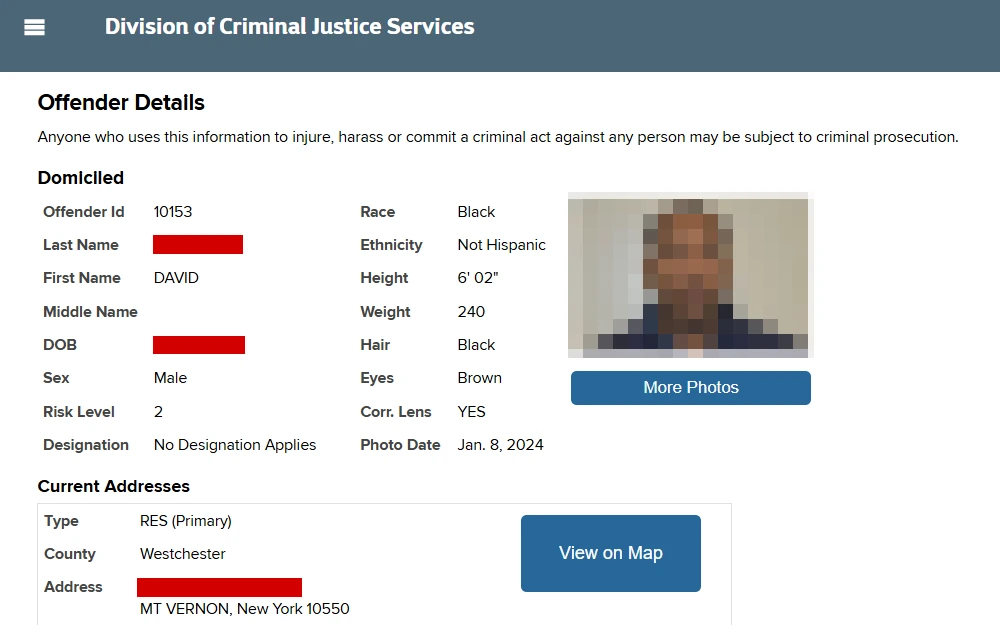 A screenshot from the New York State Division of Criminal Justice Services displaying a sexual offender's mugshot along with the date it was taken, his offender ID, name, birth date, sex, risk level, designation, current address, race, and other physical characteristics.