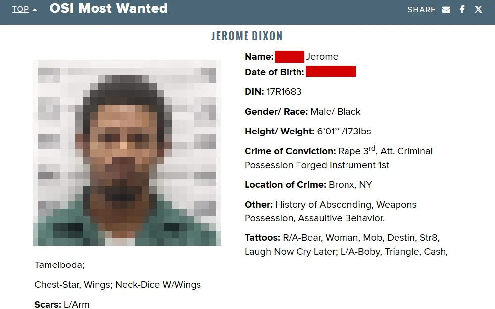 A screenshot taken from the most wanted page of the New York State Department of Corrections and Community Supervision’s (DOCCS) Office of Special Investigations shows the offender's mugshot, name, birthday, inmate number, crime of conviction, location of crime, and physical characteristics.