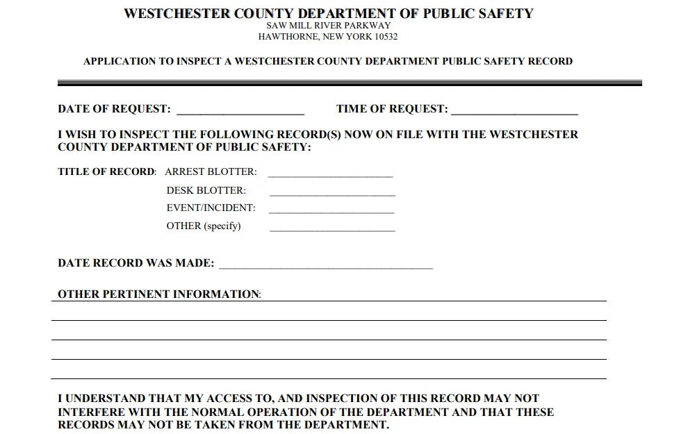 A screenshot of the public record request form from the Westchester County Department of Public Safety displays fields for the following information: request date, request type, title of record, date the record was made, and other information.